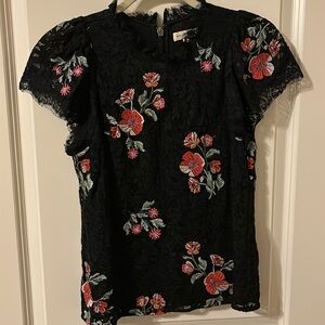 Rebecca Taylor black lace lined blouse with embroidered flowers sz 4